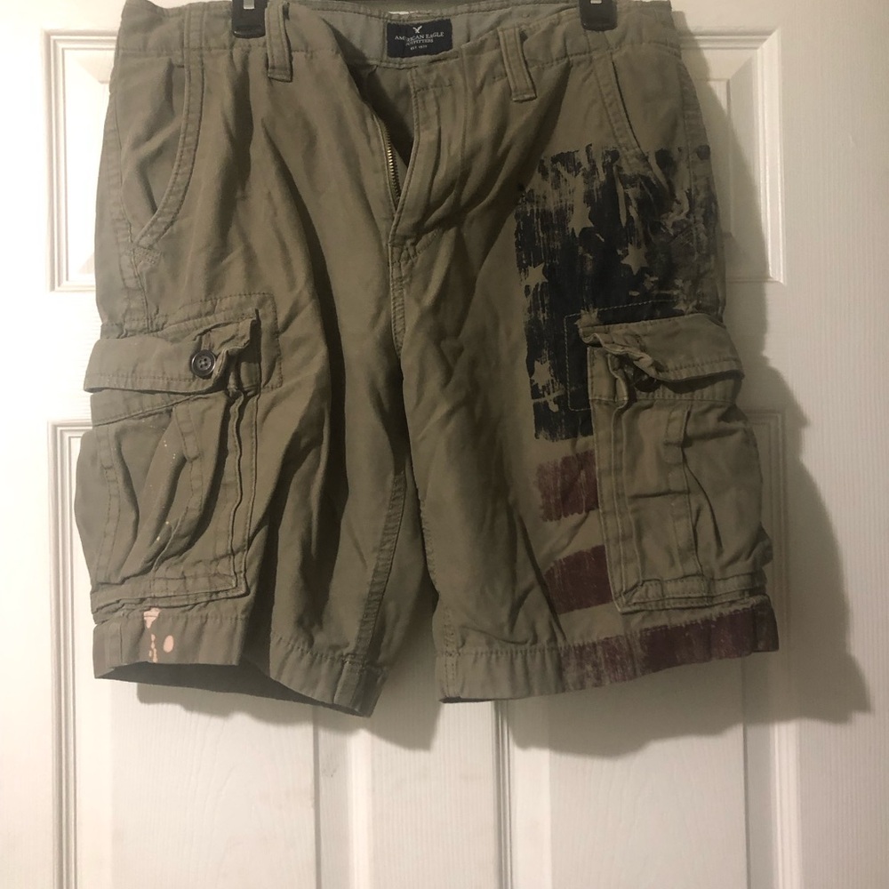 American Eagle Outfitters Olive Cargo Shorts with Graphic Accents